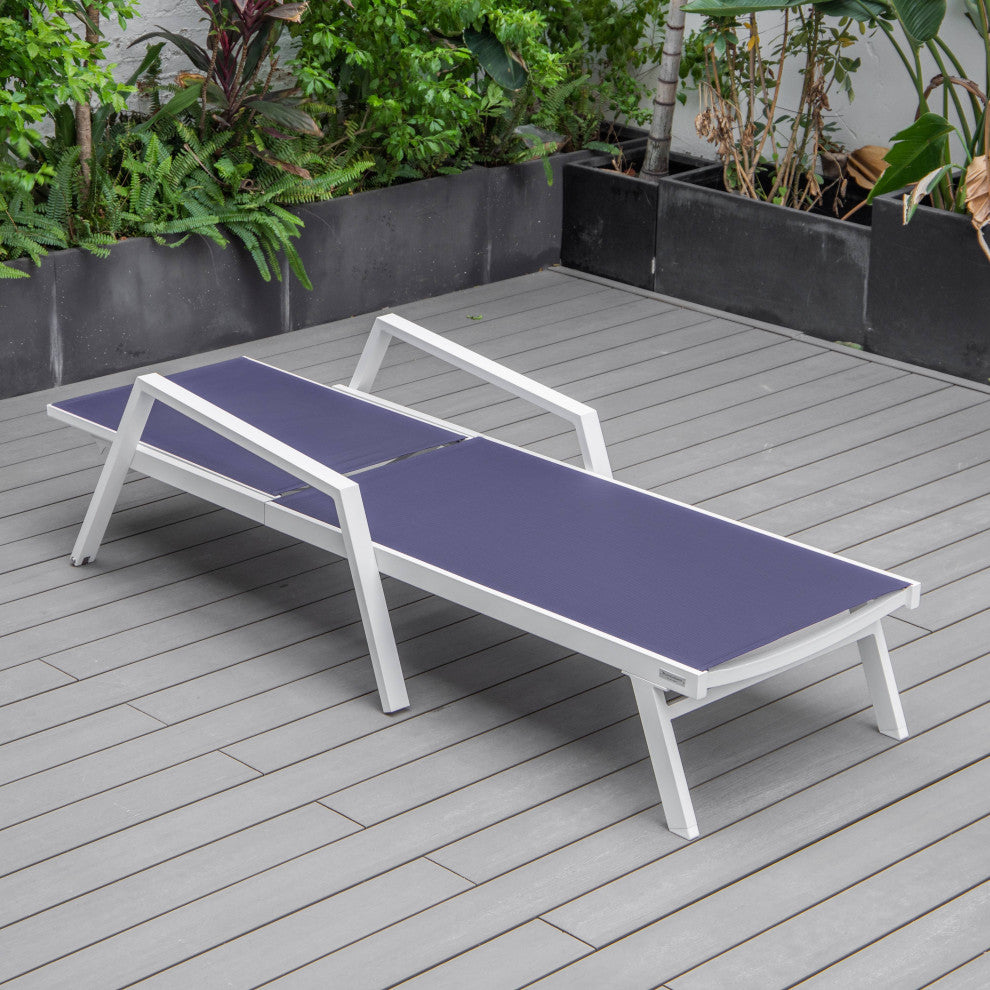 LeisureMod Marlin Patio Chaise Lounge Chair With Arms White Frame, Navy Blue