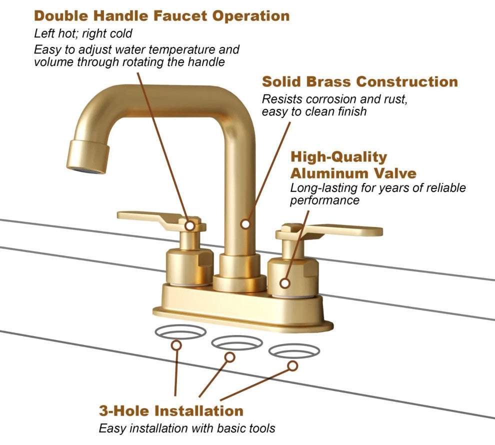 Bathroom Sink Faucets 2 Handle Centerset Faucets for 3 Hole Drain Brushed Gold