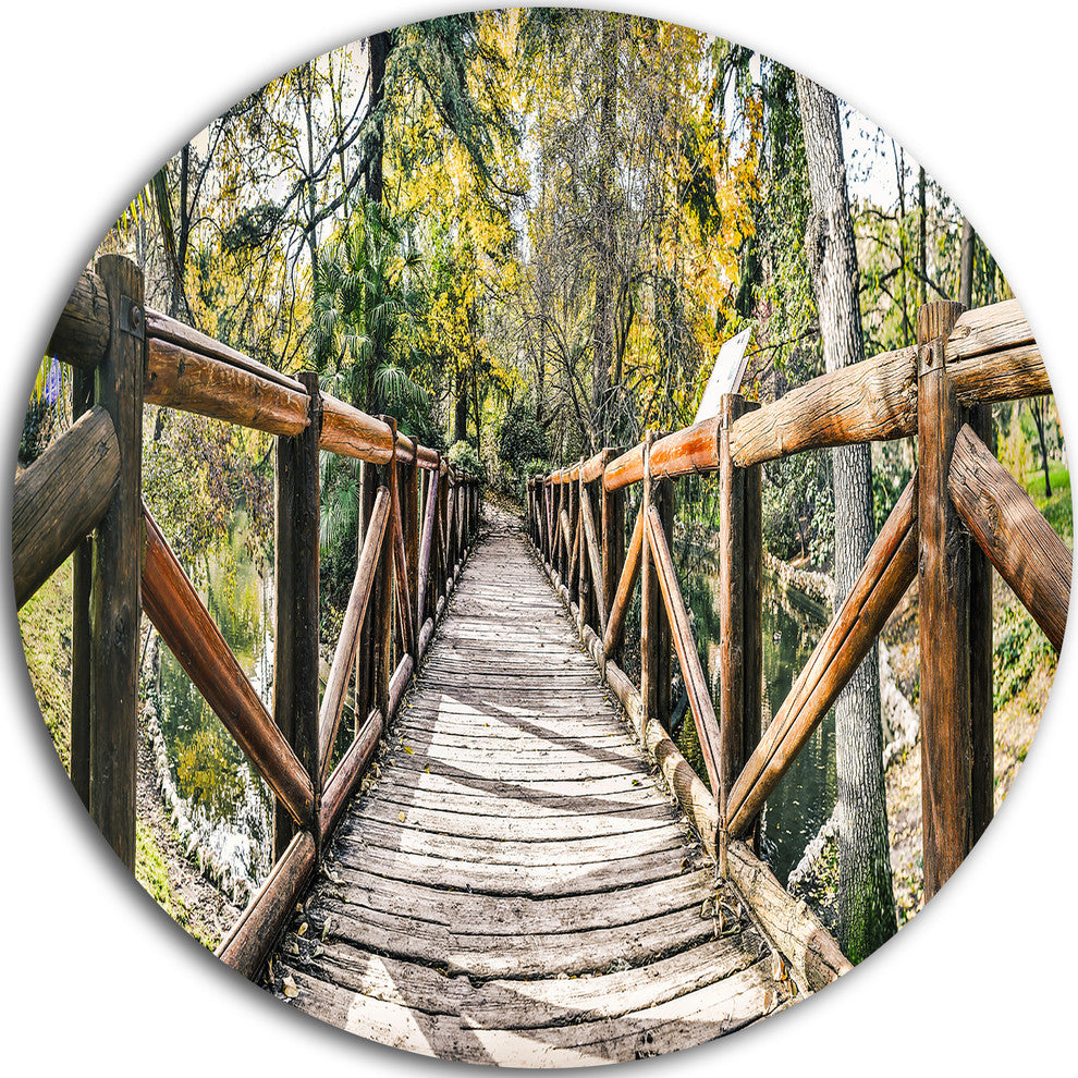 Wooden Bridge In Forest, Wooden Sea Bridge Round Wall Art, 23"