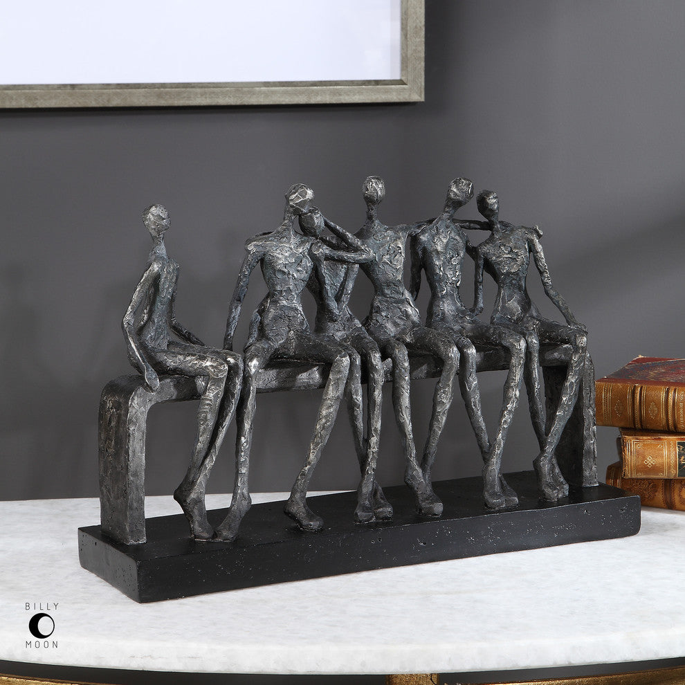 Modern Figural Friendship Sculpture Figurine | Silver Black Man Woman Friends