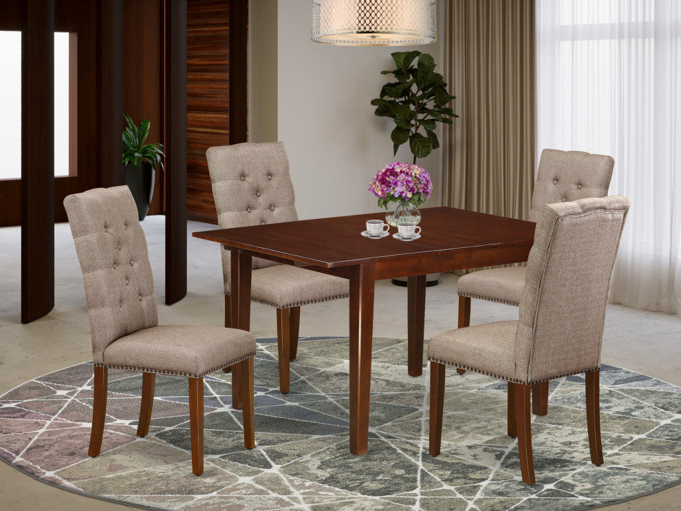 5Pc Dining Set - 4 Kitchen Parson Chairs, Butterfly Leaf Table, Mahogany Finish