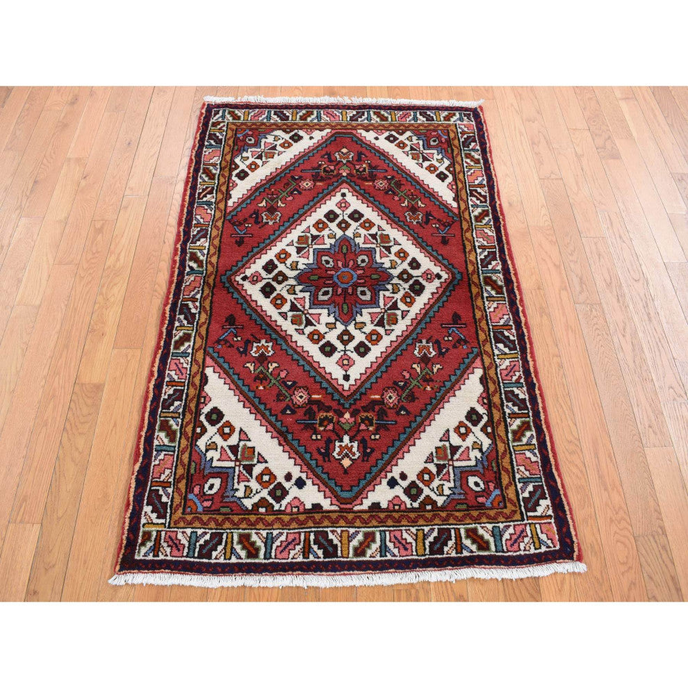 Salsa Red New Persian Hamadan Design Pure Wool Hand Knotted Rug 3'5" x 5'1"