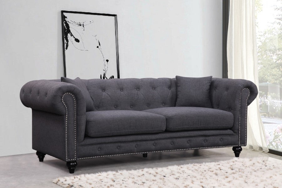 Chesterfield Linen Textured Fabric Upholstered Sofa, Gray