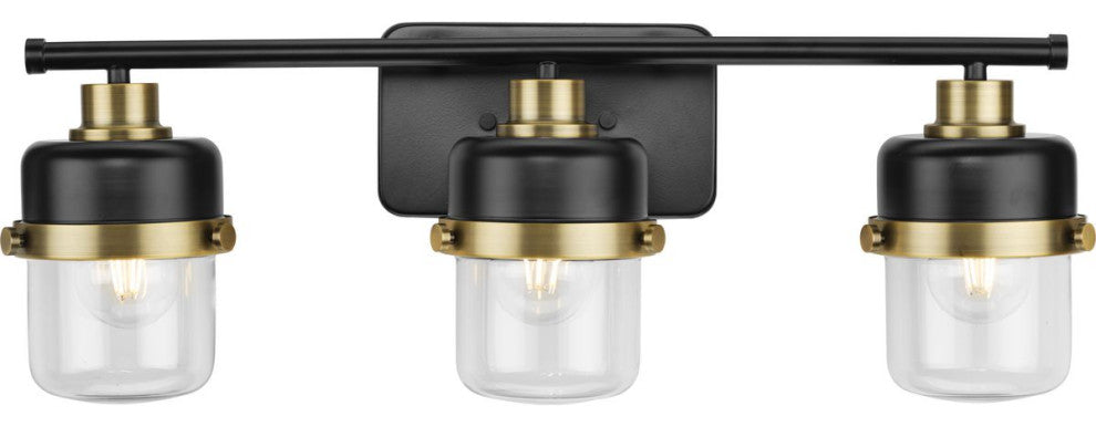 Beckner 3-Light Matte Black Clear Glass Bath Light With Vintage Brass Accents