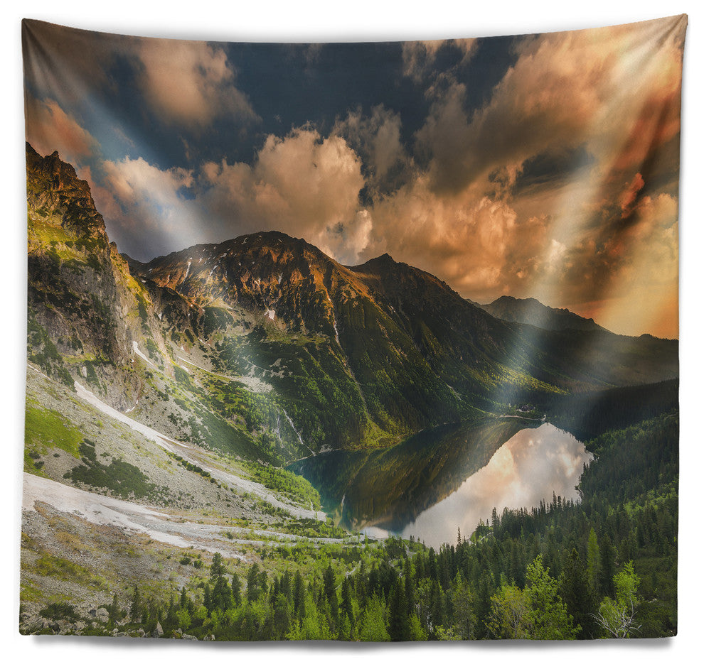 Dramatic Sky over Alpine Lake Landscape Wall Tapestry, 80"x68"