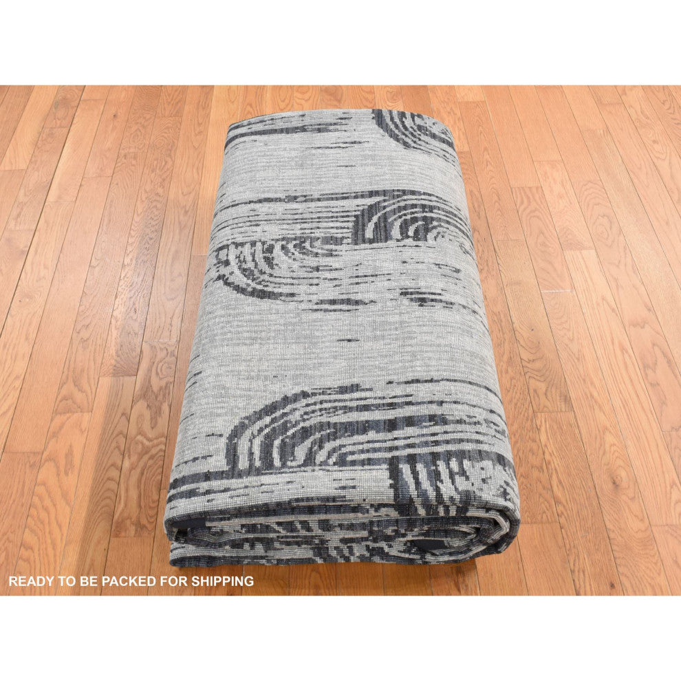 Cloud Gray, The Cane Design, Silk With Wool, Hand Knotted Rug, 10'x14'5"