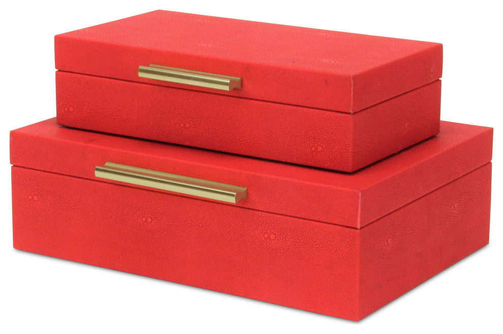 Lusan Rectangular Decorative Box Set, Red Faux Shagreen