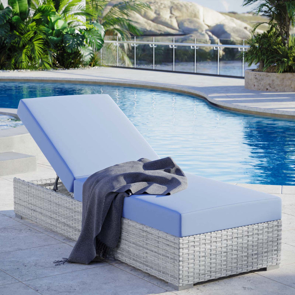 Lounge Chair Chaise, Rattan, Wicker, Gray Blue, Modern, Outdoor Patio Cafe