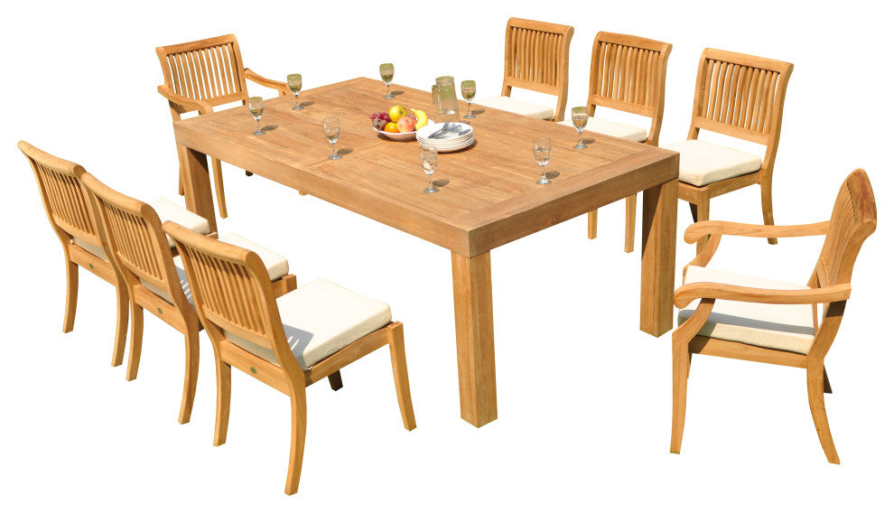 9-Piece Outdoor Teak Dining Set, 86" Rectangle Table, 8 Arbor Stacking Chairs