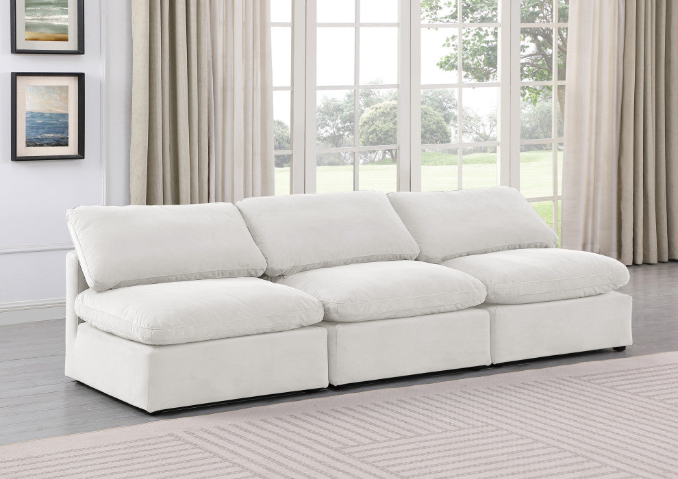 Indulge Upholstered Modular Sofa, Cream, 3-Piece: 3 Armless Chair, Down Stuffed Velvet