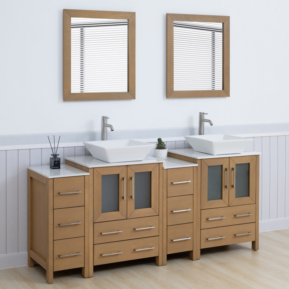 Vanity Art Bathroom Vanity Set With Sink, Natural Oak, 72", Standard Mirror