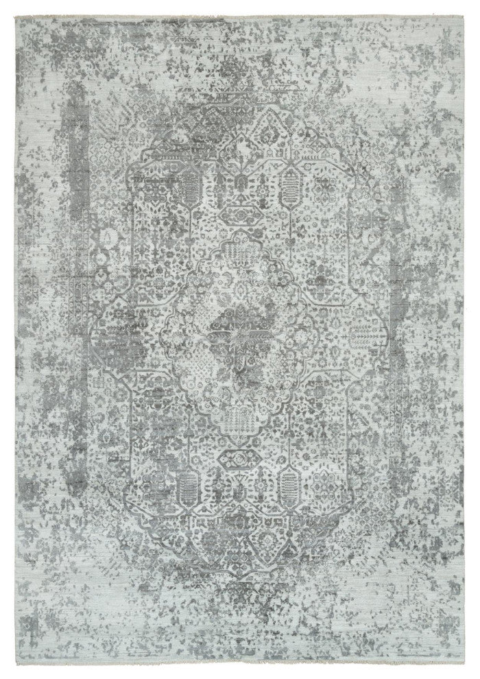 Gainsboro Hand Knotted Wool and Silk Zoroastrian Design Rug, 9'11"x14'