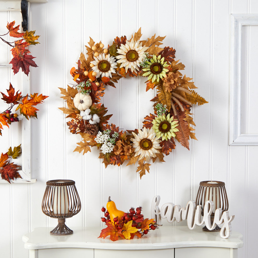 30" Autumn Sunflower, White Pumpkin and Berries Artificial Fall Wreath