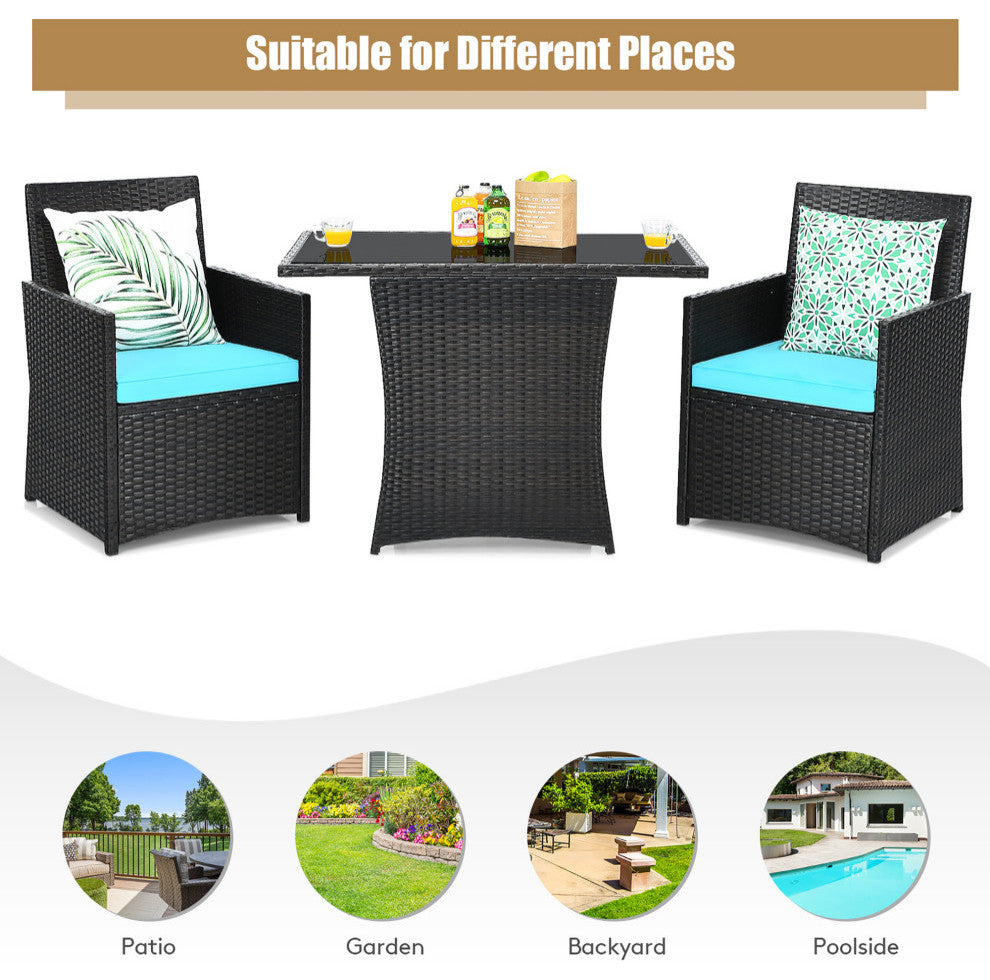 Patiojoy 3PCS Patio Rattan Furniture Set Cushion Sofa Armrest Garden Turquoise