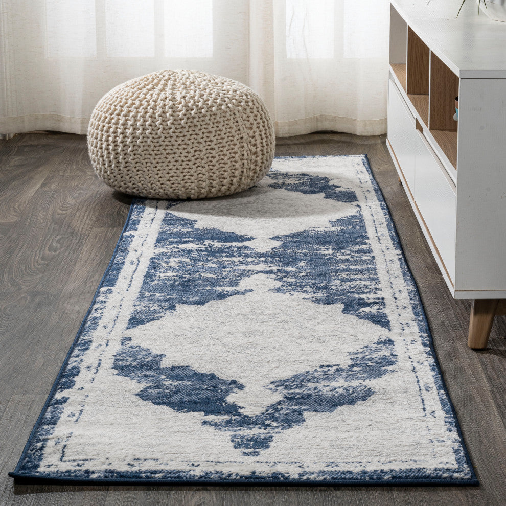 Alhambra Ornate Medallion Modern Runner Rug, Ivory/Navy, 2'x10'