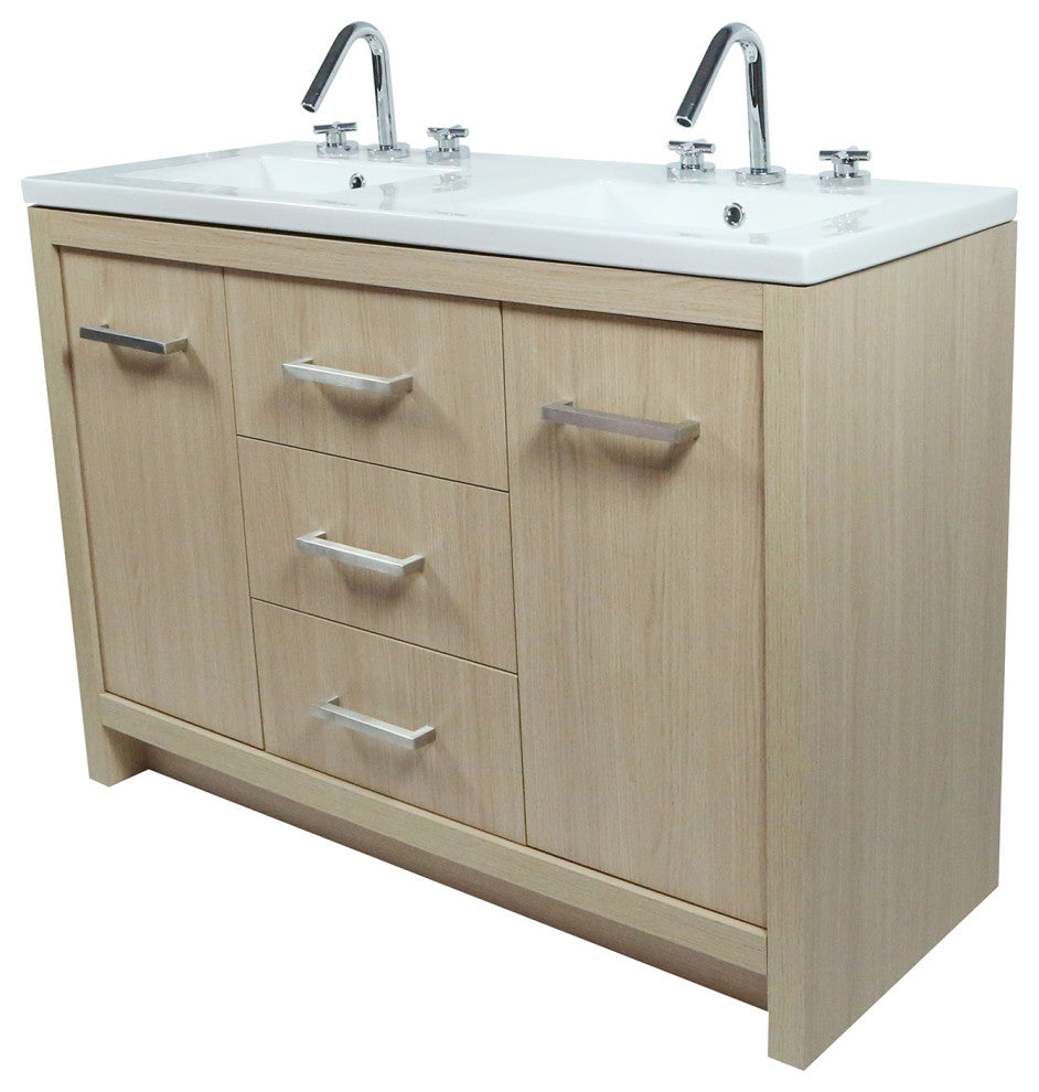 48" Double Sink Vanity, Neutral Finish With White Ceramic Top