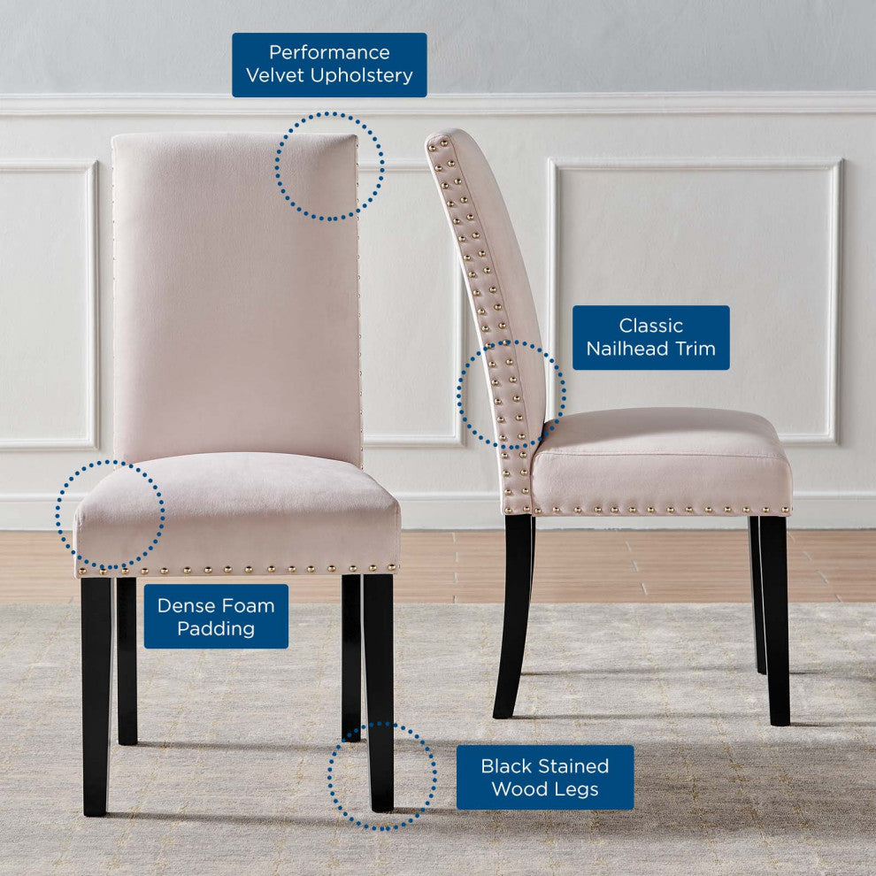 Side Dining Chair, Set of 2, Velvet, Wood, Pink, Modern, Cafe Bistro Restaurant