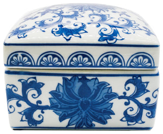 Blue & White Chinoiserie Square Ceramic Box - Lotus