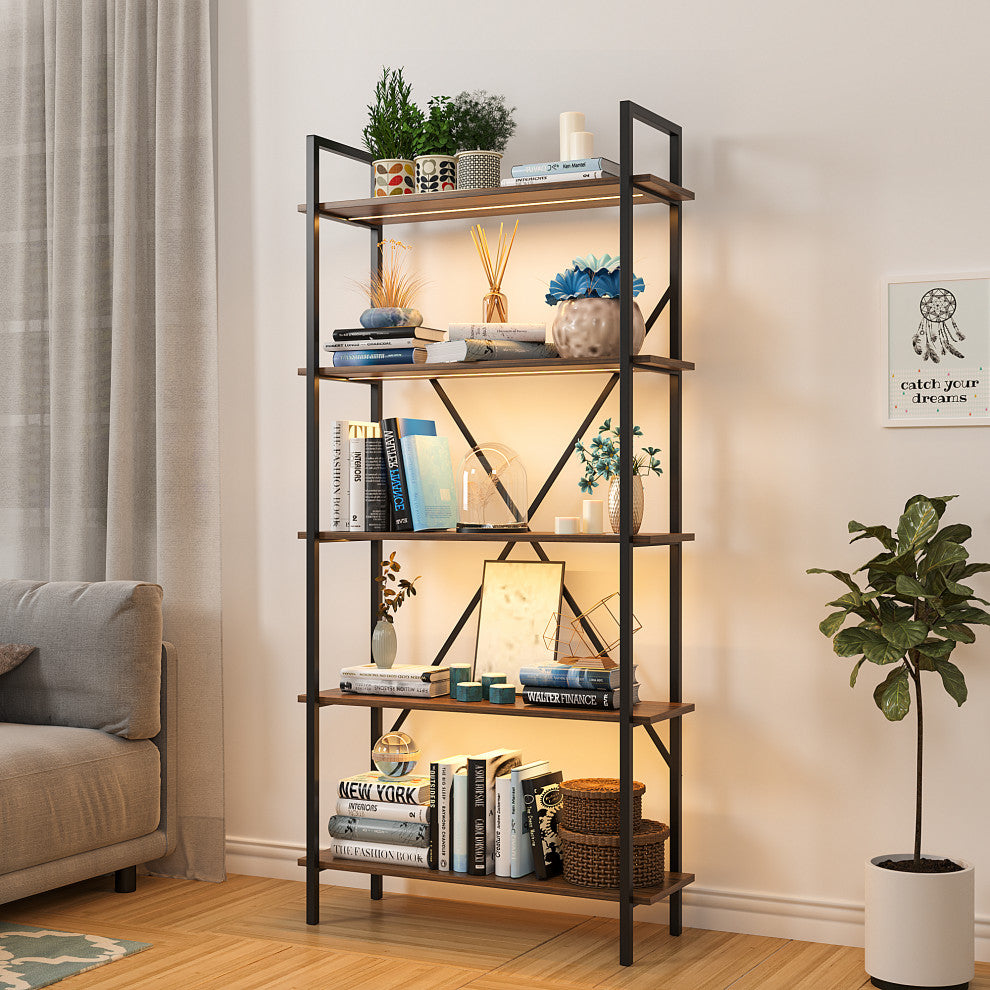 Multifunctional Smart Industrial 5-Shelf Bookcase W/ Tricolor Dimming LED Light,