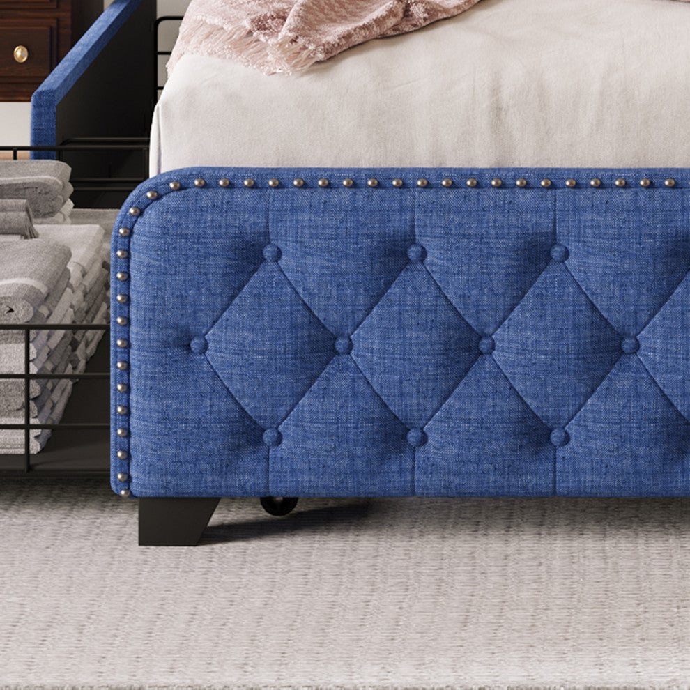 Metal Platform Bed with Headboard, Upholstered and 4-Drawer, Blue, 78.7" X 58.3"