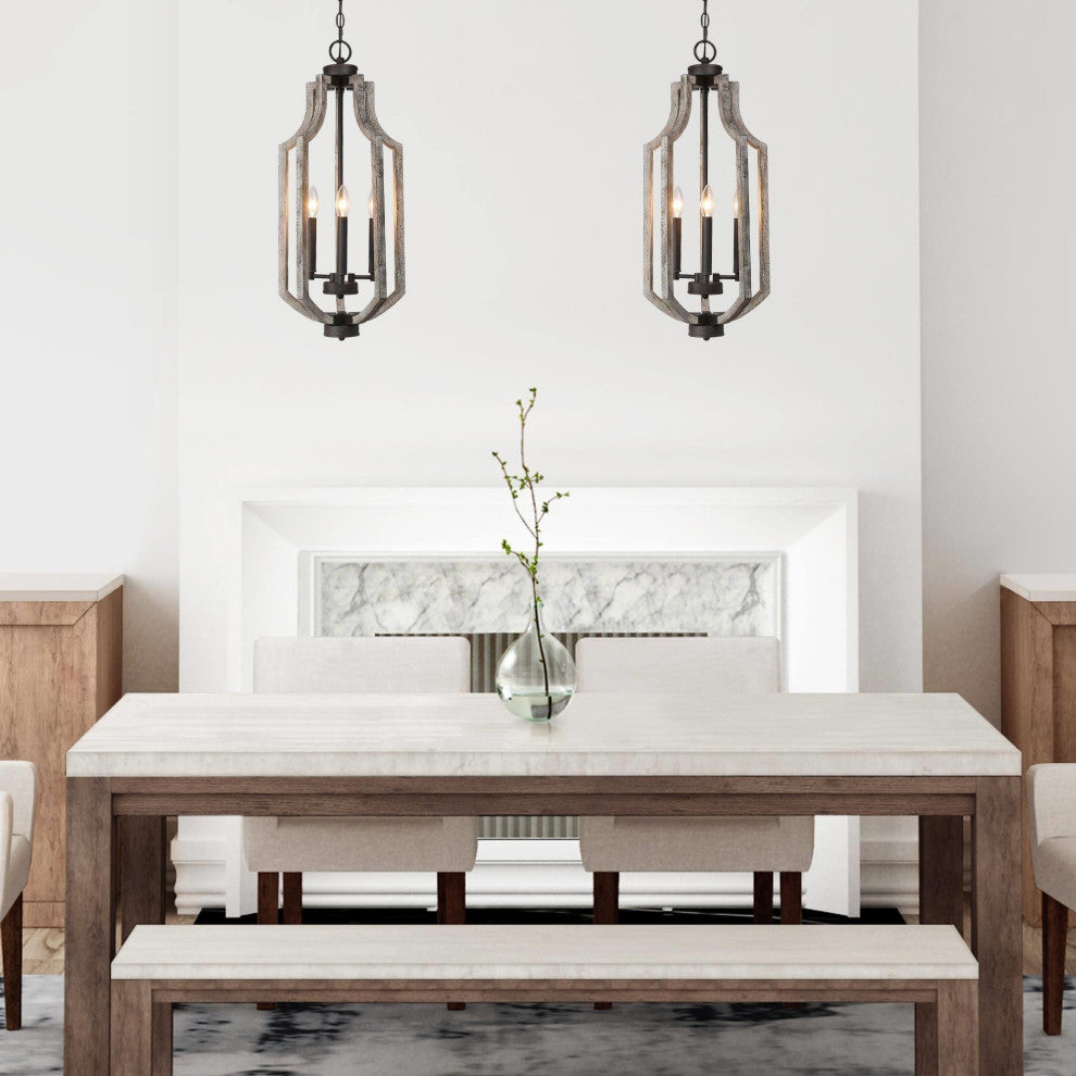 LNC Farmhouse Bronze 3-Light Lantern Wood Chandelier for Kitchan Island