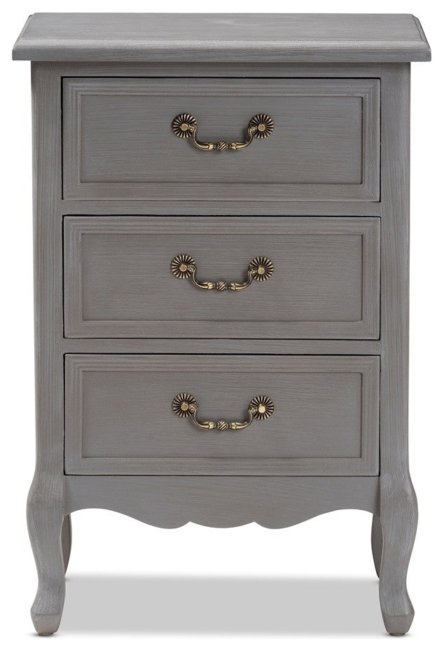 Antique French Country Cottage Gray Finished Wood 3-Drawer Nightstand