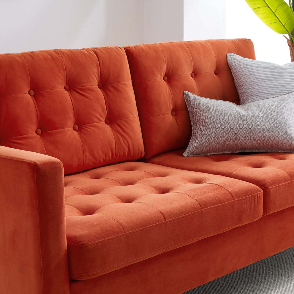 Tufted Sofa, Velvet, Orange, Modern, Living Lounge Room Hotel Lobby Hospitality
