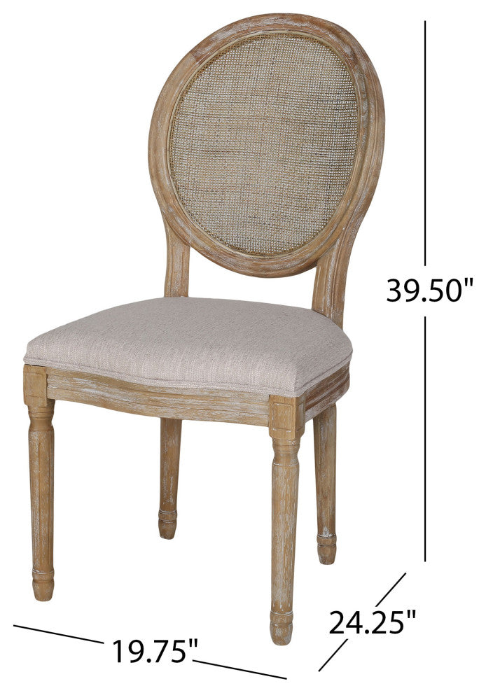 Karlene Farmhouse Fabric Upholstered Wood and Rattan 7 Piece Dining Set