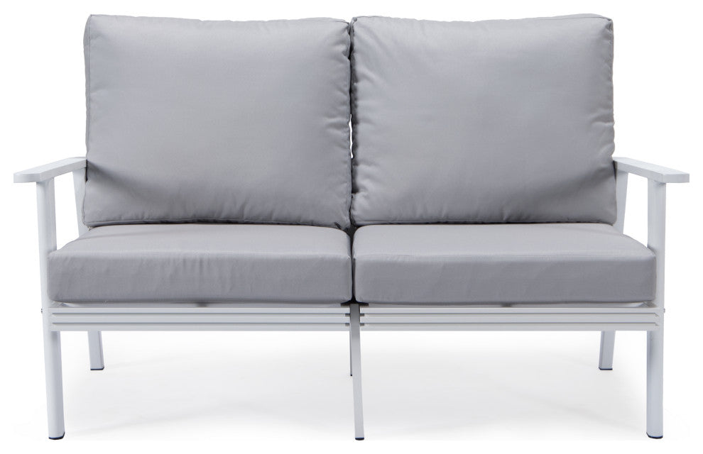 Leisuremod Walbrooke Patio Loveseat With White Aluminum Frame, Light Gray