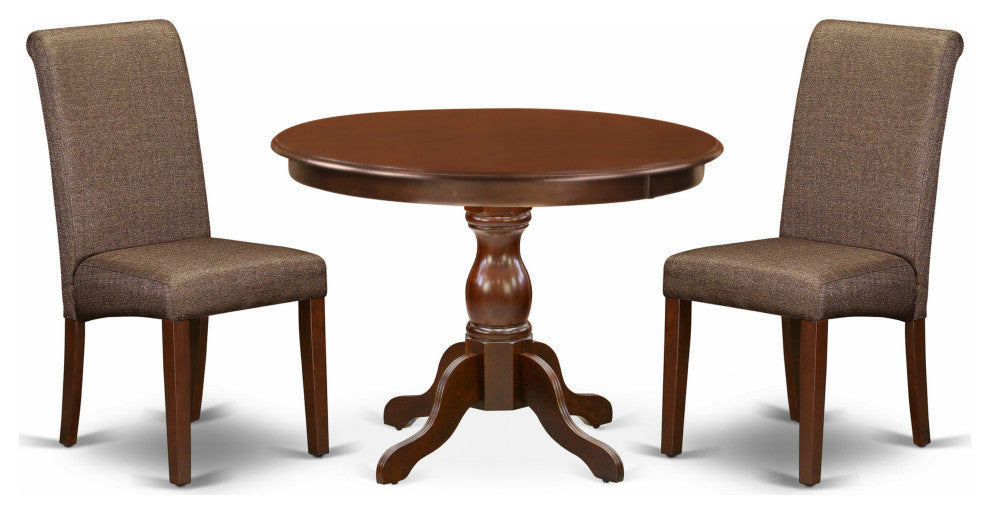 3 Pc Table, Chairs Dining Set, Mahogany Wood Table, 2 Brown Faux Leather Chairs