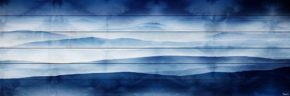 "Blue Mountains" Print on White Wood, 45"x15"