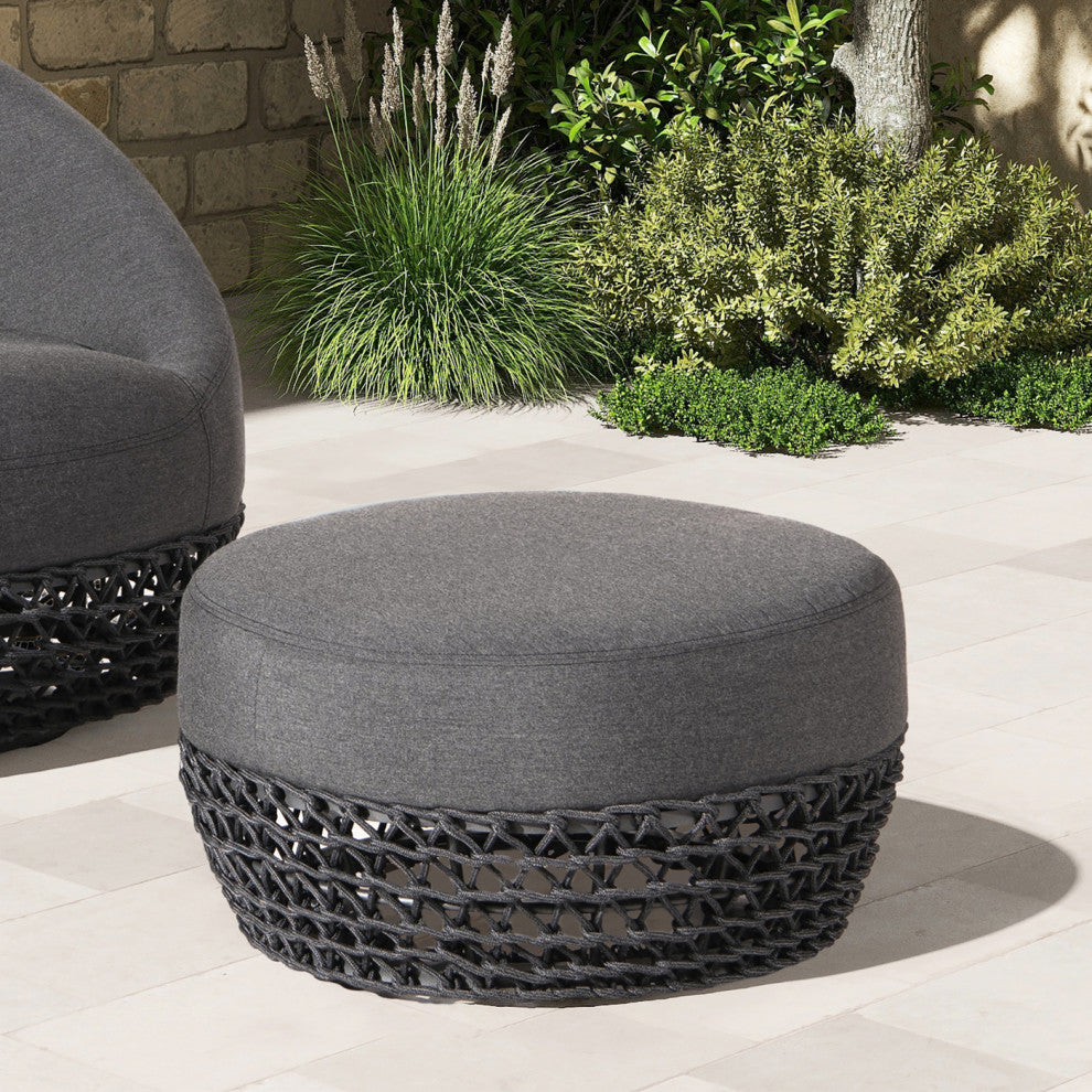 Willow 25" Outdoor Ottoman with Rope Details, Graphite Gray-Black Sunbrella Acrylic