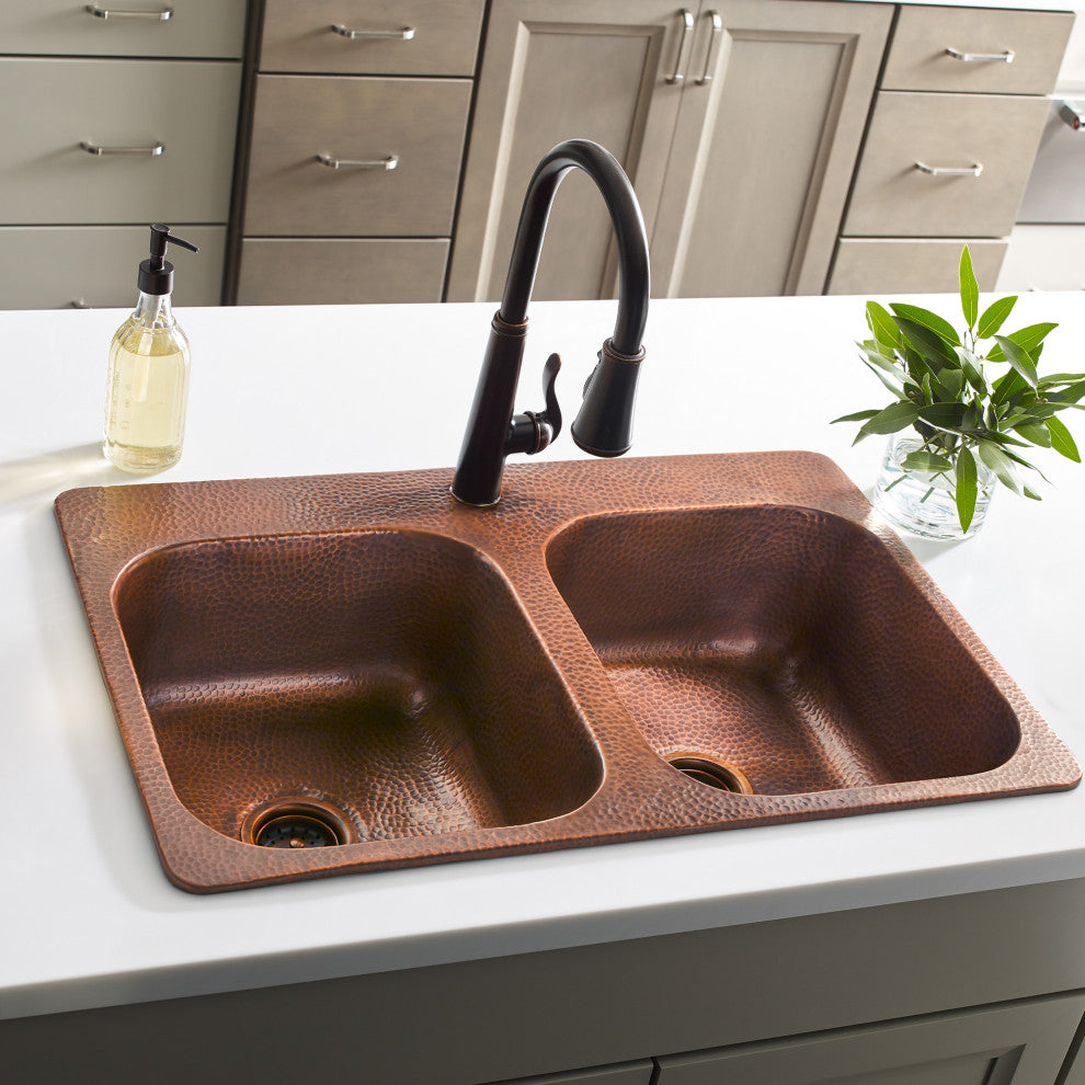 Angelico Copper 33" Double Bowl Drop-In Kitchen Sink With 1 Hole