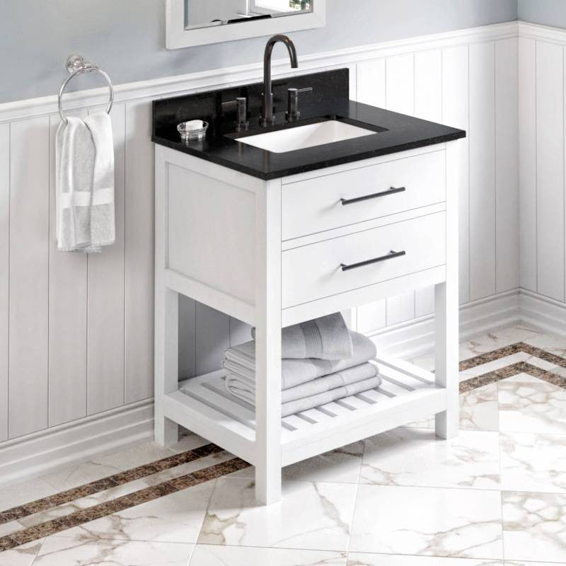 Wavecrest Contemporay White 30" Vanity, Black Granite Top