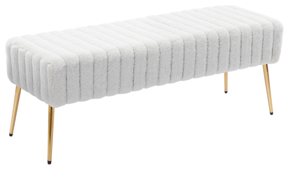 Channel Quilted Faux Fur Bedroom Bench, White