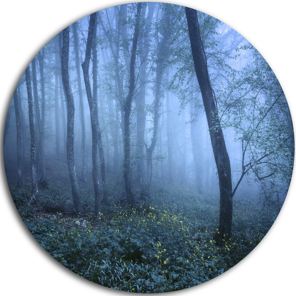 Trail Through Blue Fall Forest, Landscape Round Metal Wall Art, 36"
