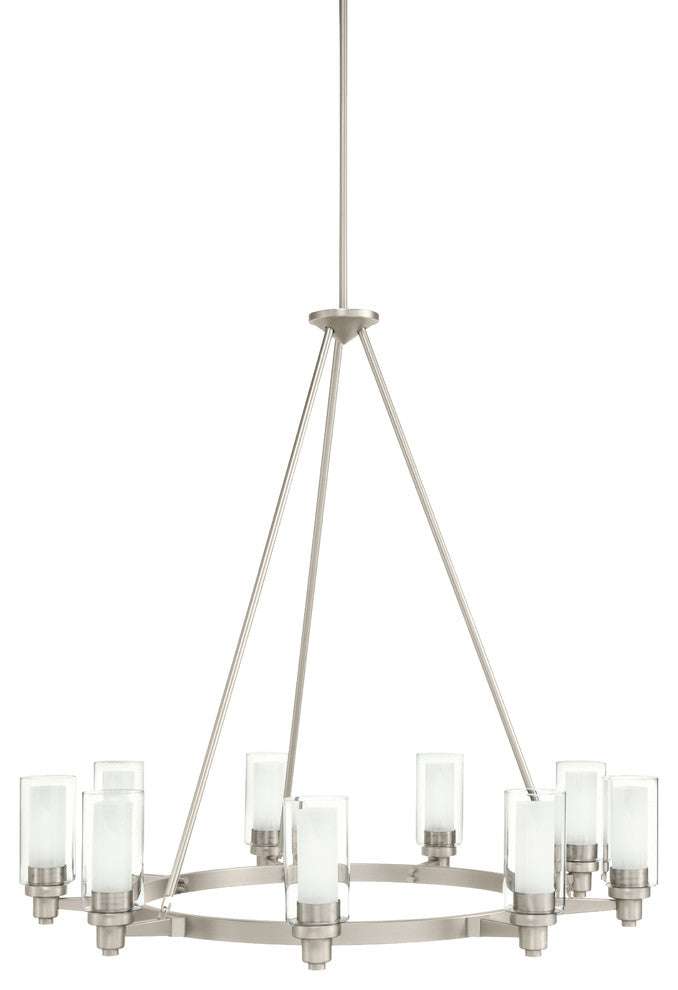 Chandelier 9-Light, Brushed Nickel/Clear With Satin Etched Cased Opal Glass