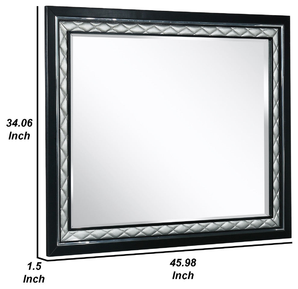Benzara BM271442 Rectangular Mirror With Diamond Stitching, Silver and Black