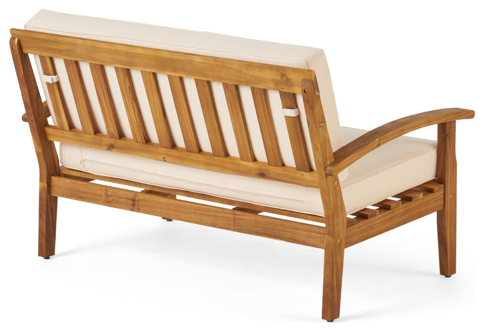 GDF Studio Keanu Outdoor Acacia Wood Loveseat and Coffee Table Set With Cushions, Beige