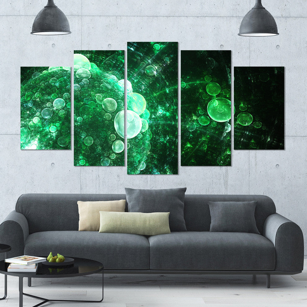 Green Spherical Water Droplets, Large Floral Canvas Art Print, 60"x32", 5 Panels