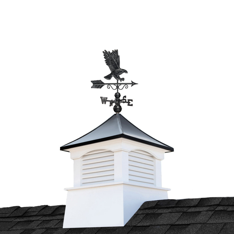 30" Square Coventry Vinyl Cupola, Black Aluminum Eagle Weathervane and Roof