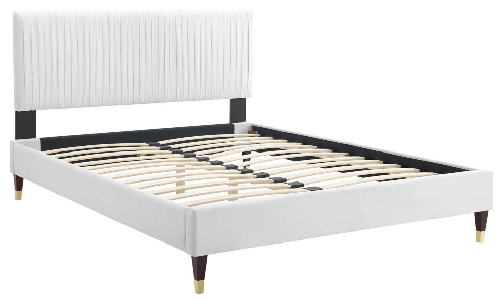 Platform Bed Frame, Twin Size, Velvet, White, Modern Contemporary, Bedroom