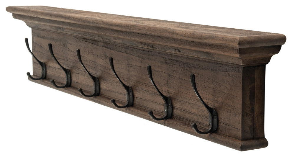 Rustic Dark Teak Six Hook Hanging Coat Rack