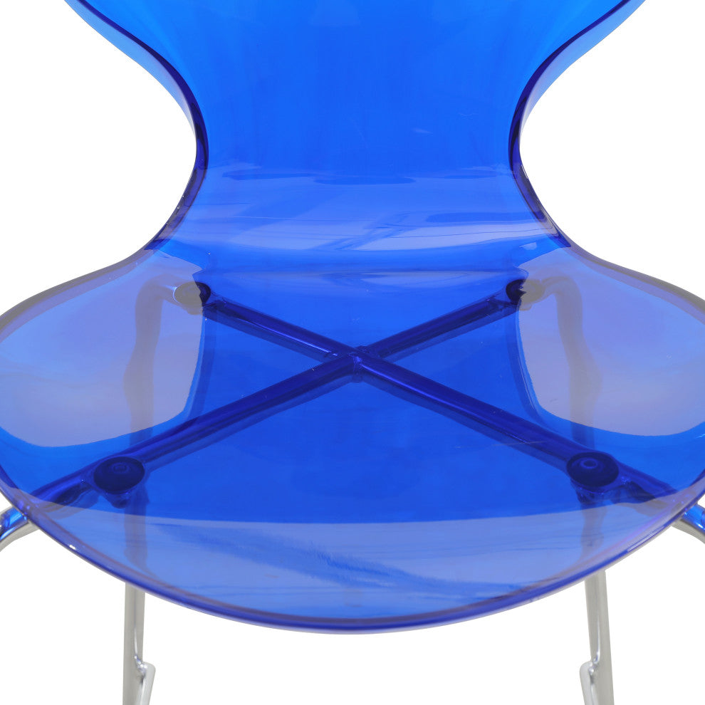LeisureMod Oyster Acrylic Barstool With Steel Frame Set of 2, Transparent Blue