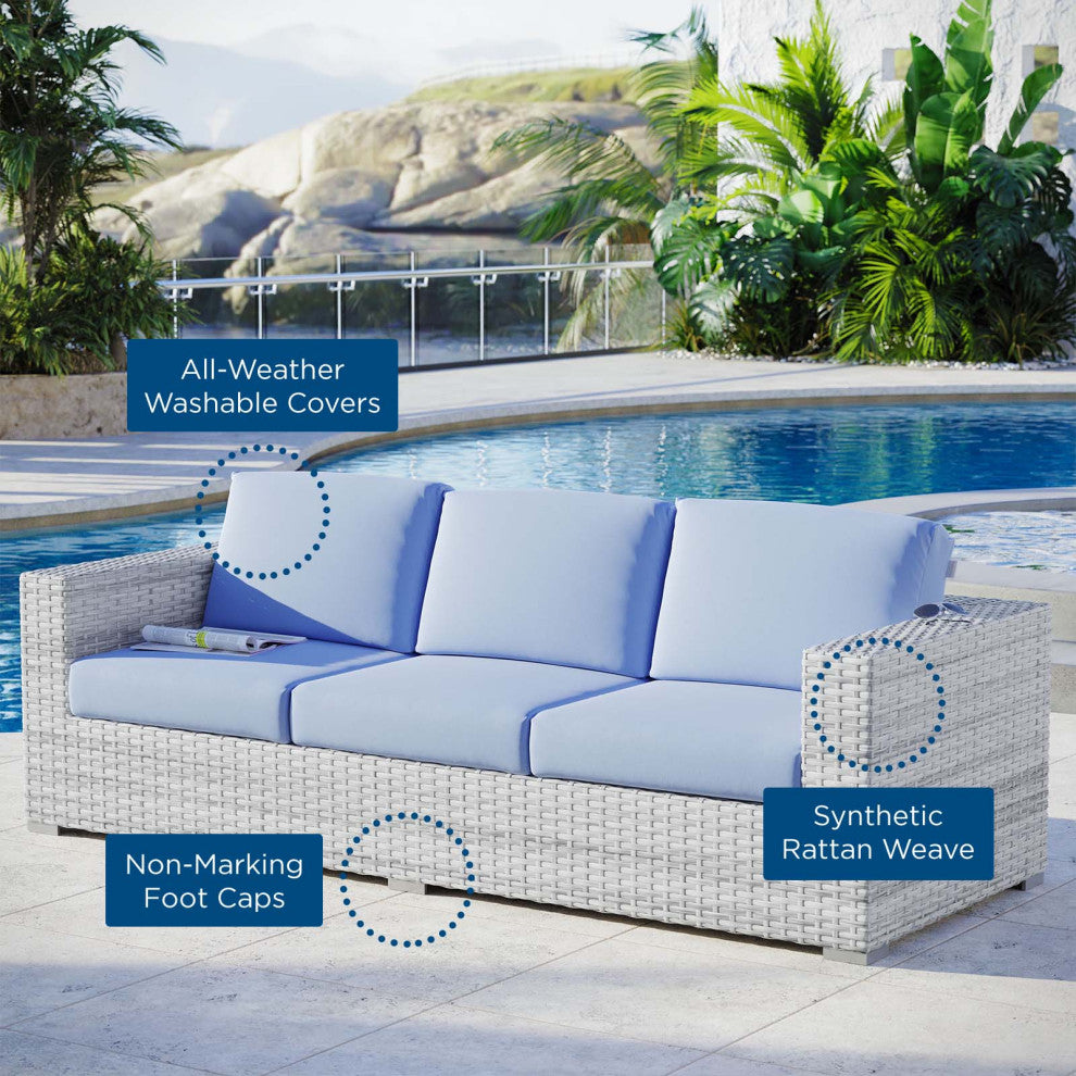 Lounge Sofa, Rattan, Wicker, Gray Blue, Modern, Outdoor Patio Cafe Bistro