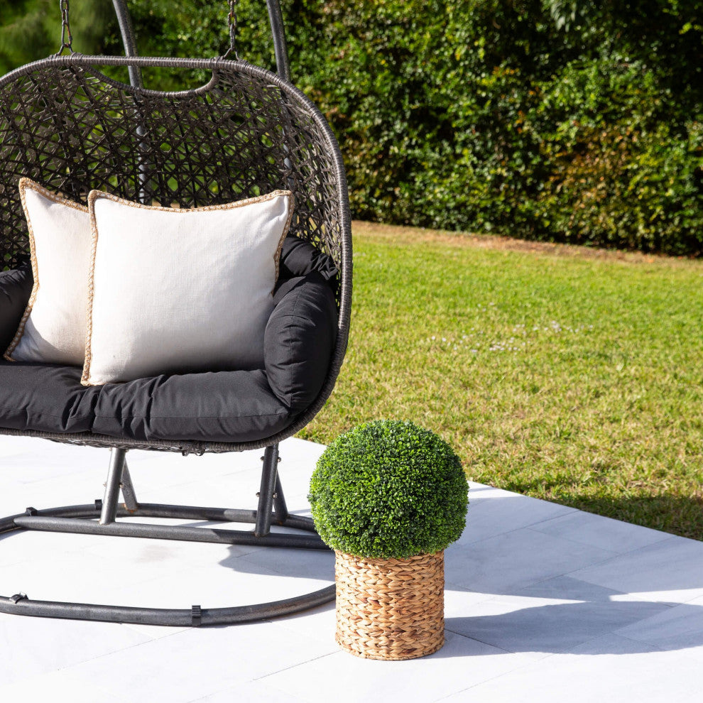 24" UV Resistant Faux Boxwood Ball Topiary, Hyacinth Weave Basket, In/Outdoor