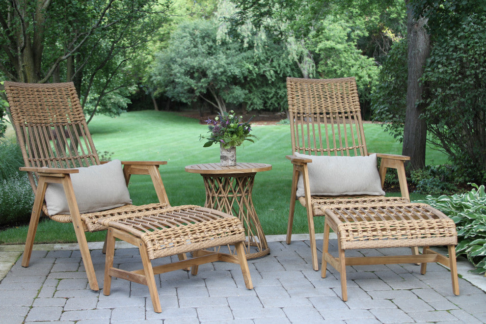 4-Piece Teak Bohemian Basket Lounger Set With Matching Ottomans