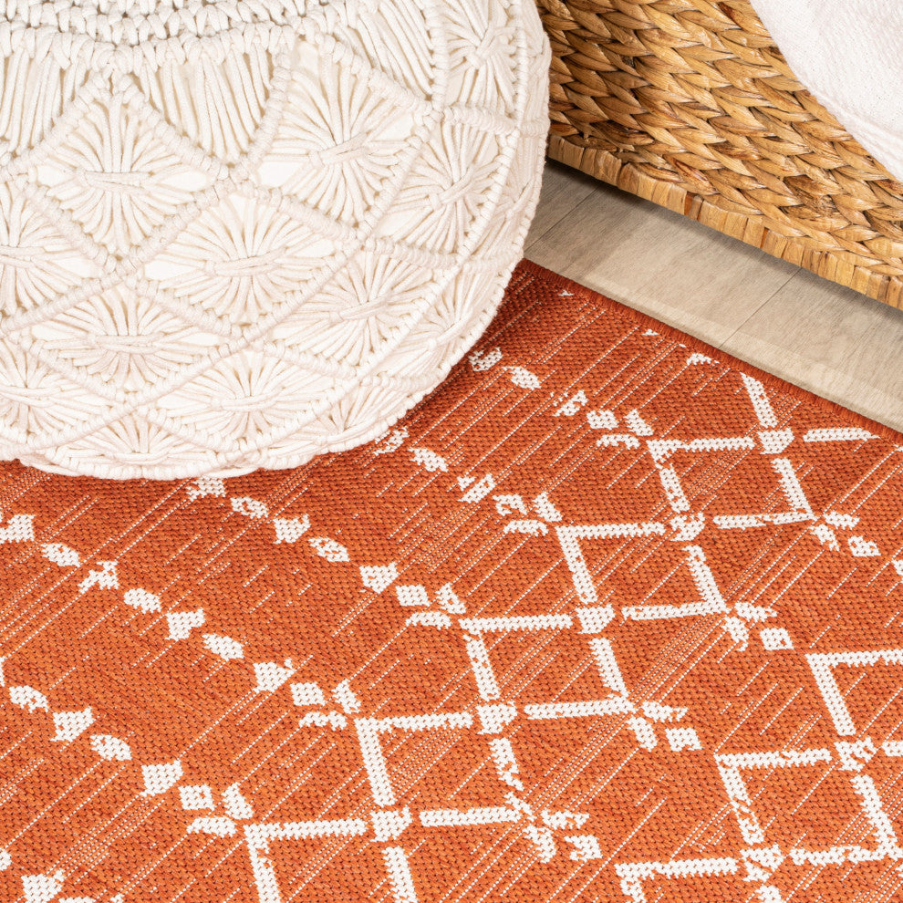 Ourika Moroccan Geometric Indoor/Outdoor Rug, Orange/Cream, 5' Square