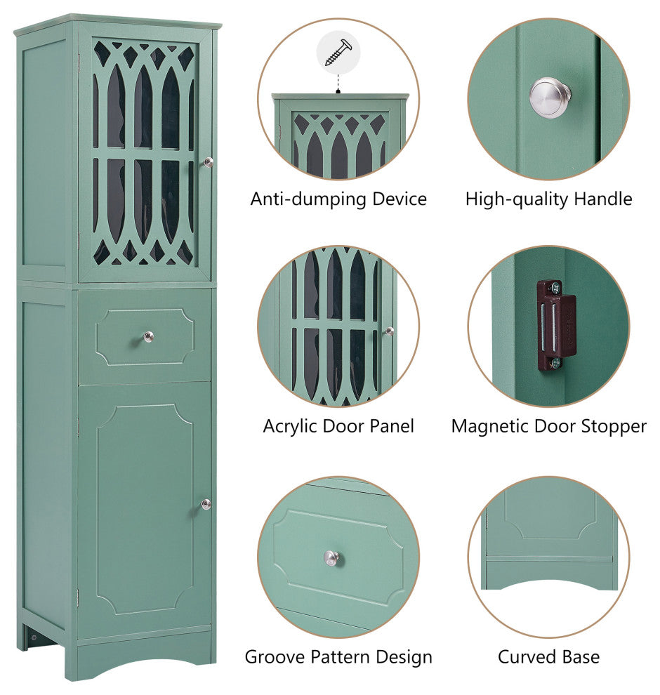 64" Tall Freestanding Bath Storage Cabinet, Adjustable Shelves
