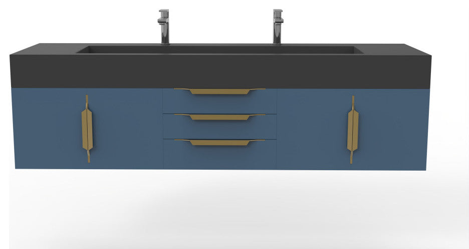 CastelloUSA Nile 72" Wall Mounted Bathroom Vanity Set, Blue, Black Top, Gold Handles